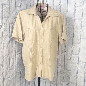 PAPPAGATTO Tan Women's Button Up‎ Part Linen Pleated Blouse Large